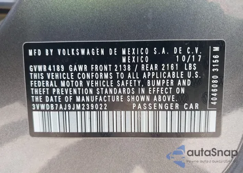 2018 Volkswagen Jetta 1.4T Se/1.4T Wolfsburg Edition from USA, damaged, VIN 3VWDB7AJ9JM239022